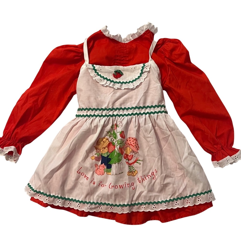 Vintage 1980 Strawberry Shortcake Dress Pinafore Apron Set Petite Frocks 2T/3T